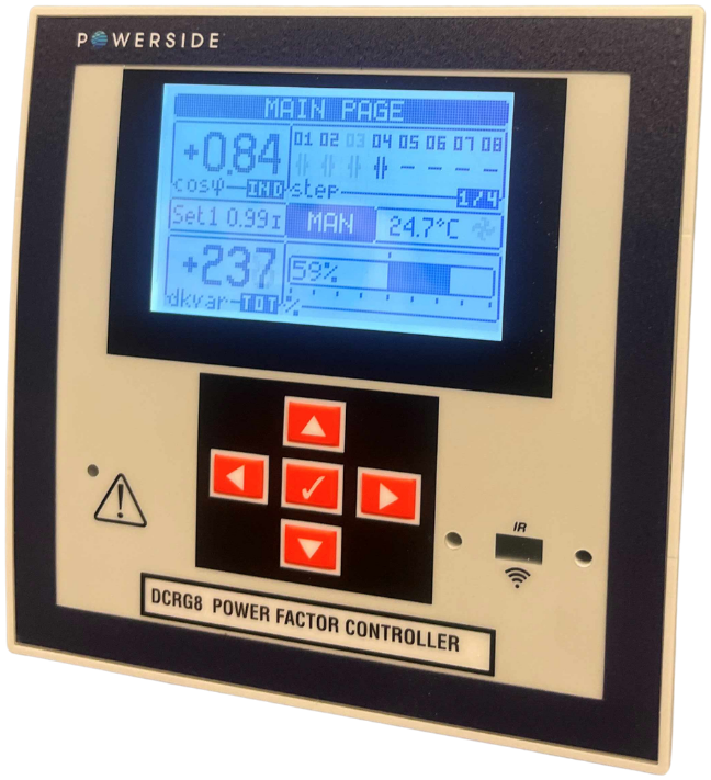 Power factor controller reading 0.84 inductive with 237 kVAR reactive demand